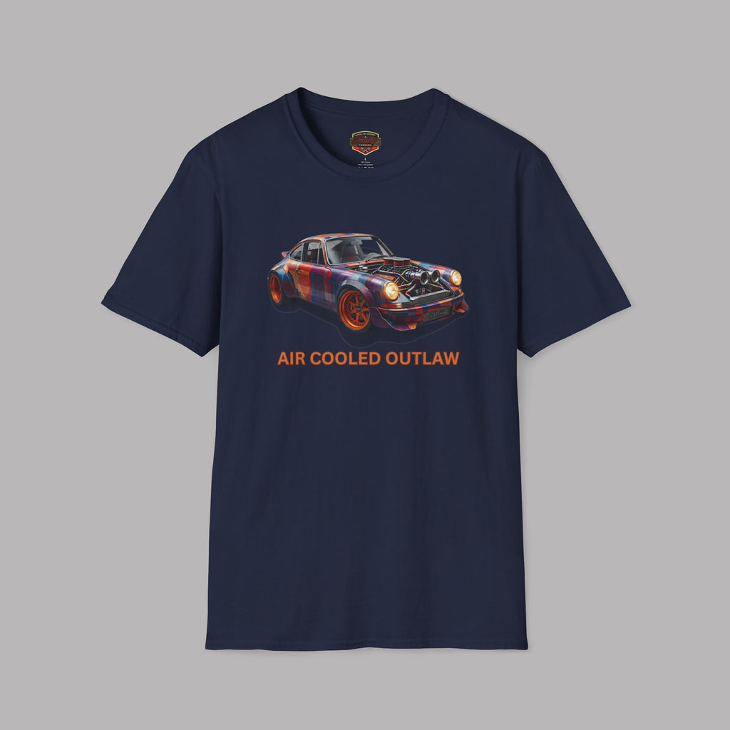 Navy blue t-shirt with a car graphic and 'AIR COOLED OUTLAW' text on a gray background