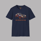Navy blue t-shirt with a car graphic and 'AIR COOLED OUTLAW' text on a gray background