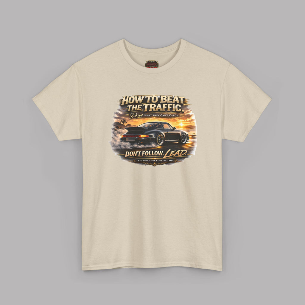 Sand t-shirt with a graphic design of a classic car and text on a gray background