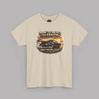 Sand t-shirt with a graphic design of a classic car and text on a gray background