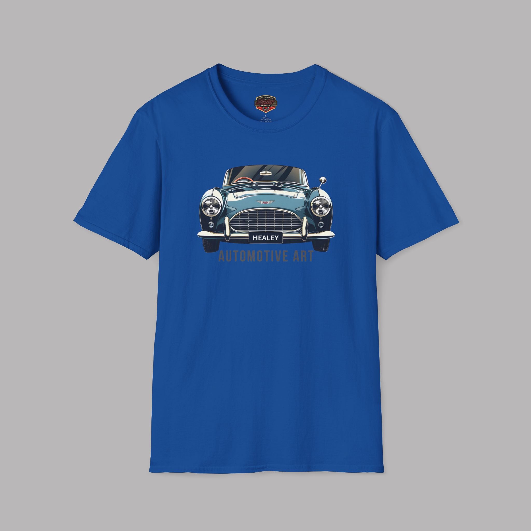 Royal blue t-shirt with a classic Healey car graphic on a gray background