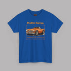 Royal blue t-shirt with a graphic of a vintage car and text on a gray background