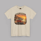 Sand t-shirt with a graphic of a classic van and sunset text on a gray background
