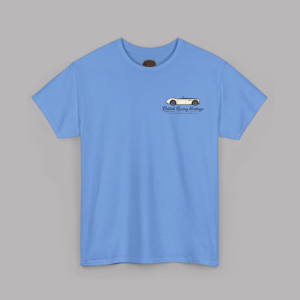 Front of a blue t-shirt with a Healey classic car graphic design on a gray background