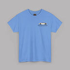 Front of a blue t-shirt with a Healey classic car graphic design on a gray background