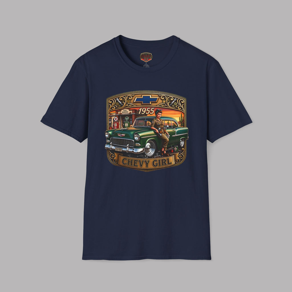A navy blue short-sleeve t-shirt with a vintage-style graphic on the chest featuring a green 1955 Chevy truck, a woman, and the text 'CHEVY GIRL' and '1955'. A small Chevrolet bowtie logo is visible inside the collar.