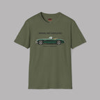 Military green t-shirt with a classic car graphic and text on a gray background