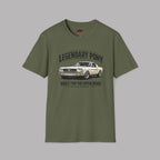 Military green t-shirt with a white classic car graphic on a gray background