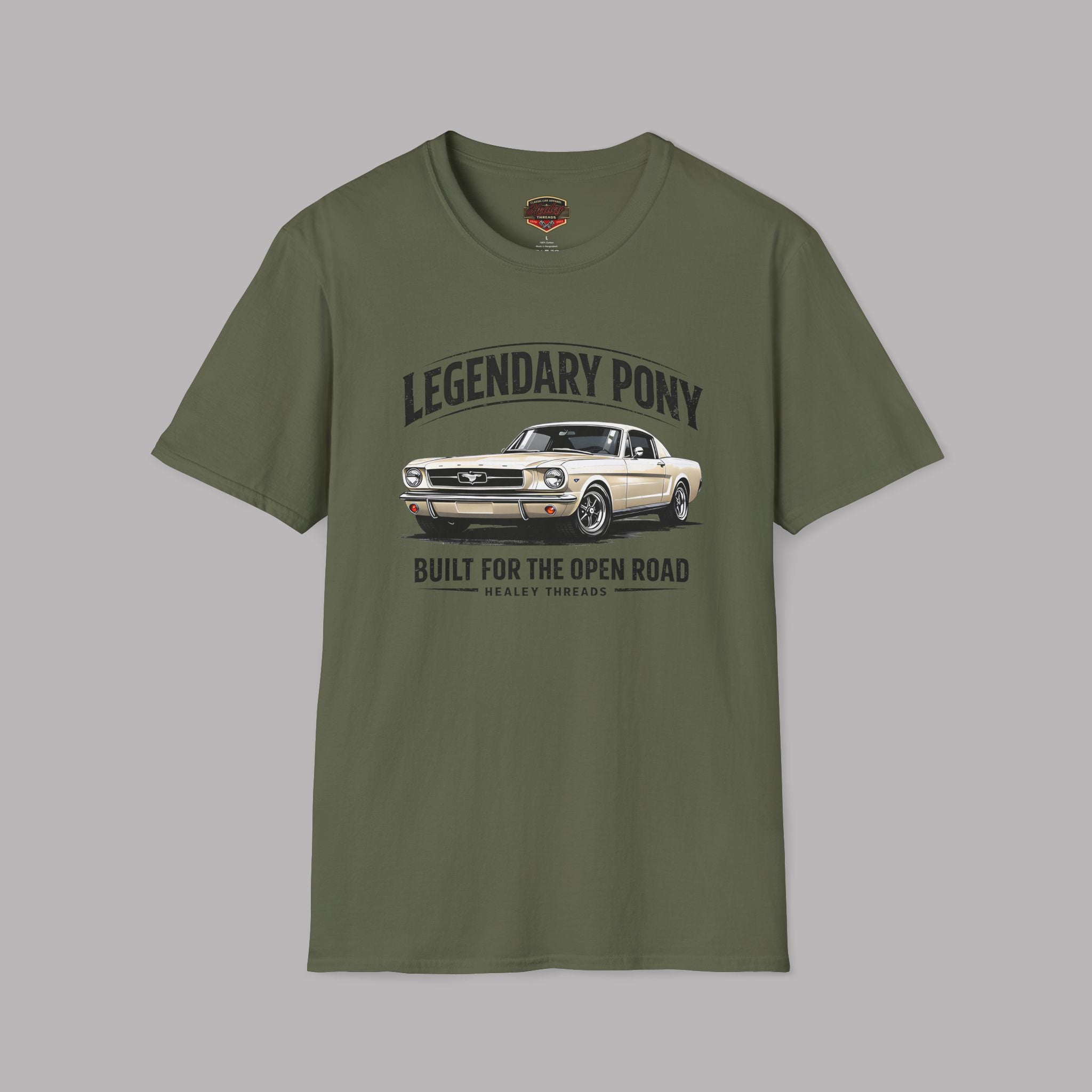 Military green t-shirt with a white classic car graphic on a gray background