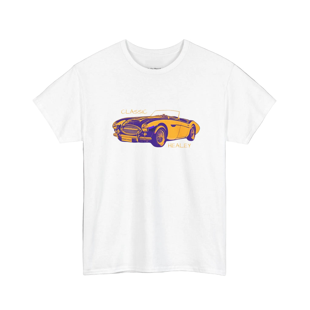 White t-shirt with a yellow and purple classic car graphic on a white background