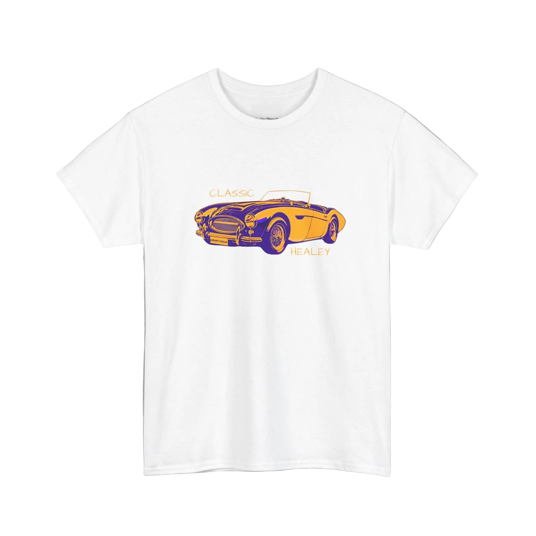White t-shirt with a yellow and purple classic car graphic on a white background