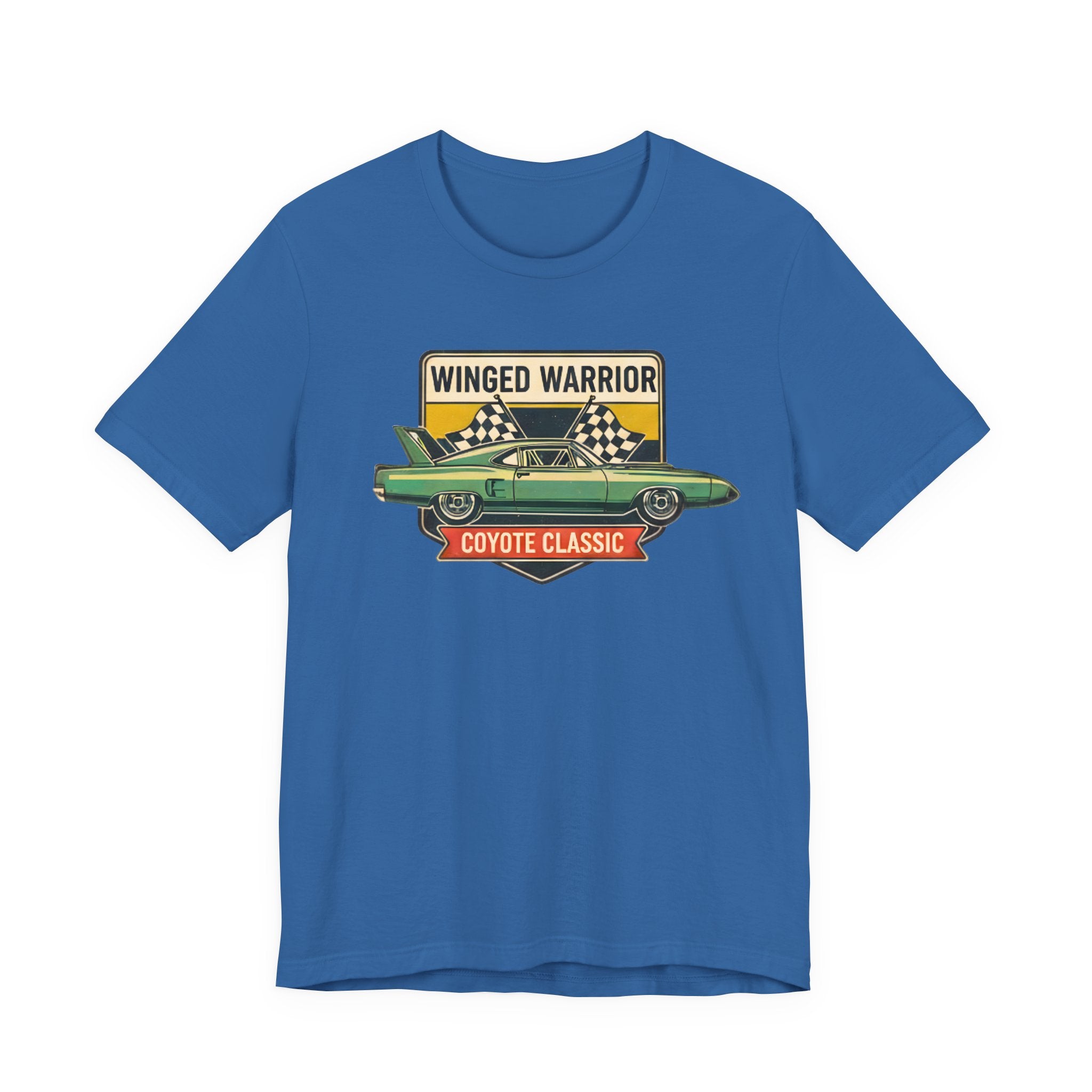 Royal blue t-shirt with a graphic of a car and 'Winged Warrior Coyote Classic' text on a white background