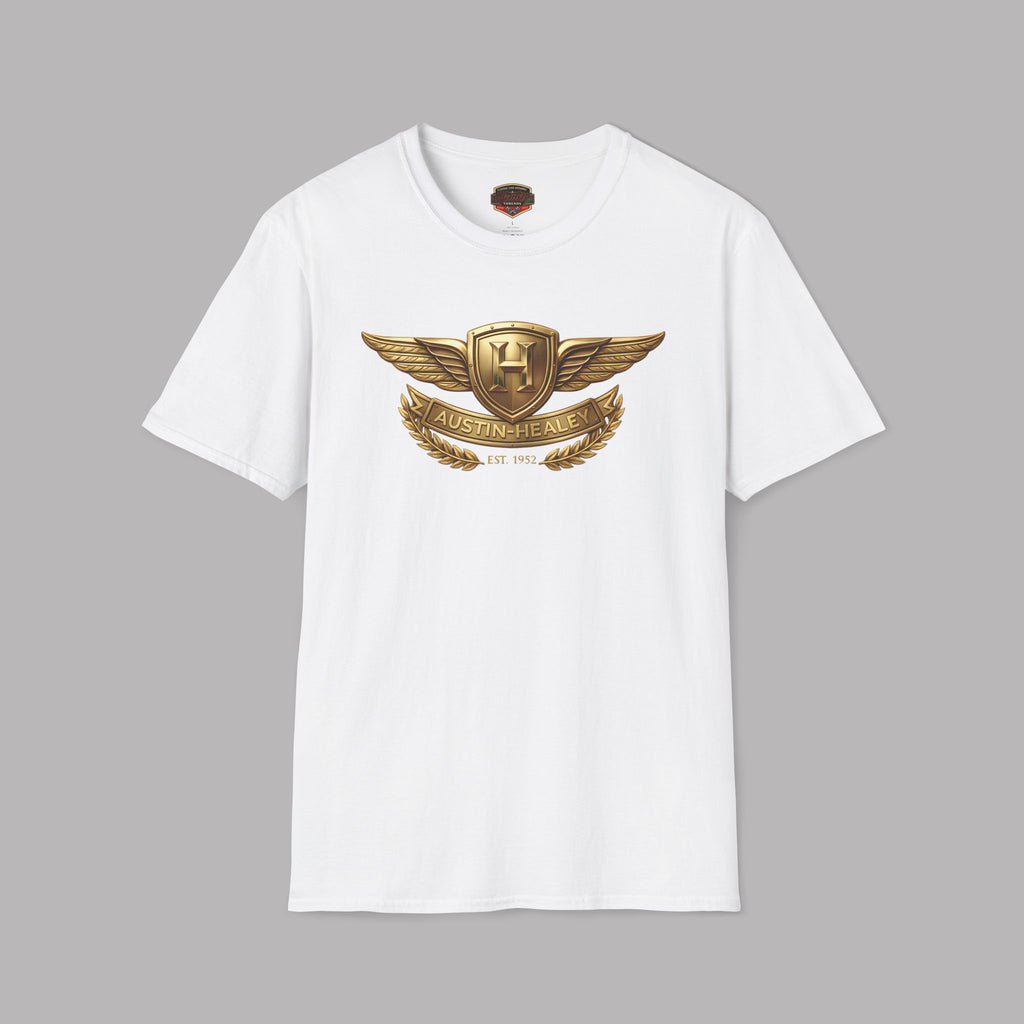 White t-shirt with gold Healey emblem on a gray background