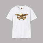 White t-shirt with gold Healey emblem on a gray background