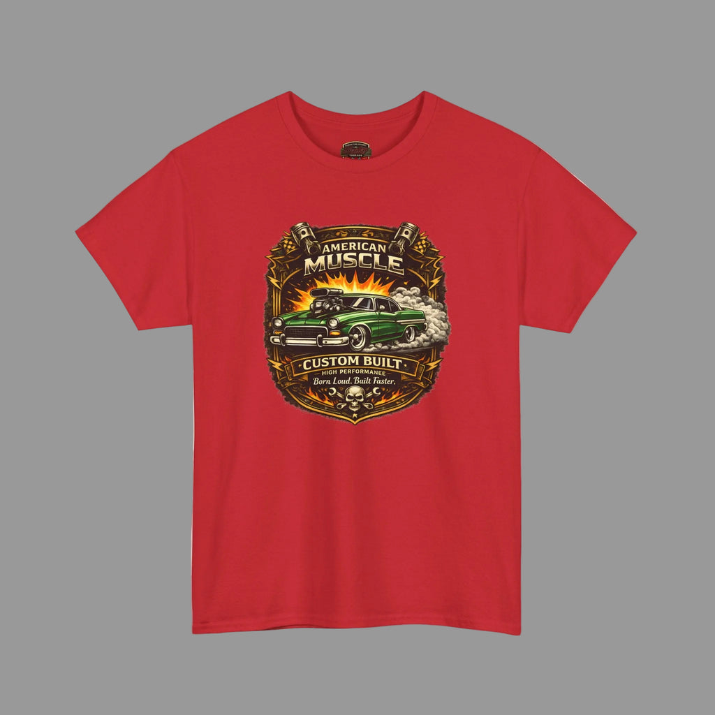 Red t-shirt with a graphic design of a car and text on a white background