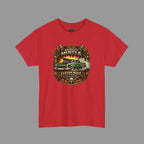 Red t-shirt with a graphic design of a car and text on a white background