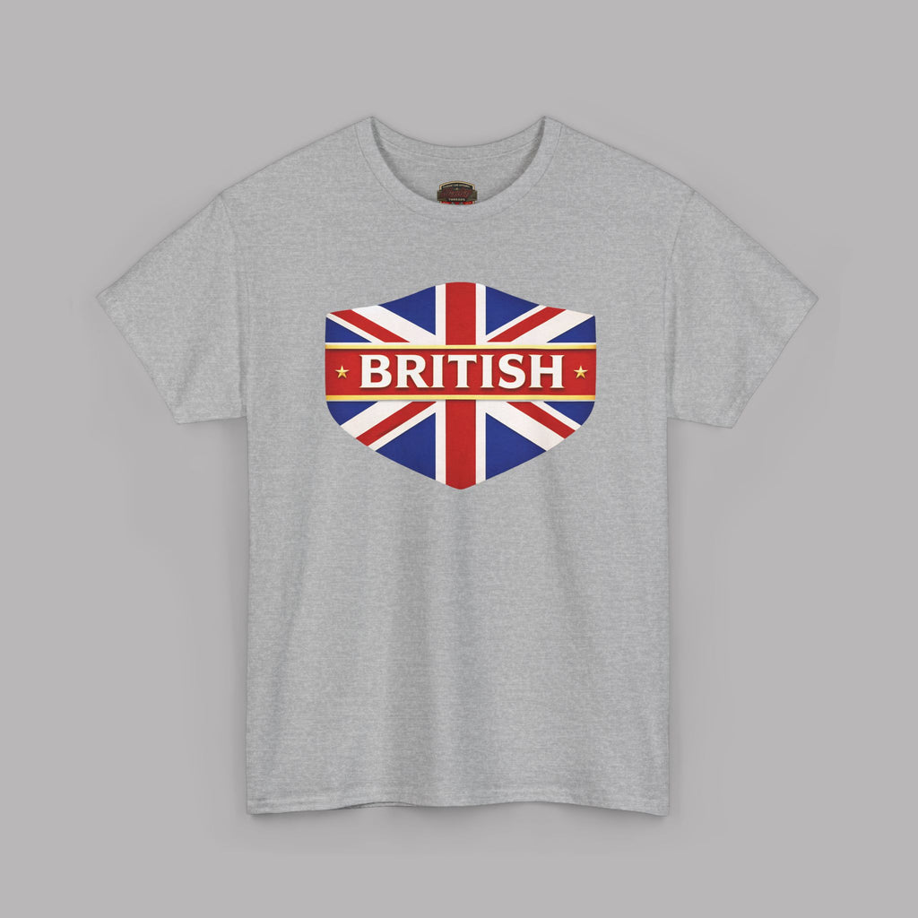 Sport gray t-shirt with a heart-shaped British flag design on a gray background