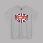 Sport gray t-shirt with a heart-shaped British flag design on a gray background