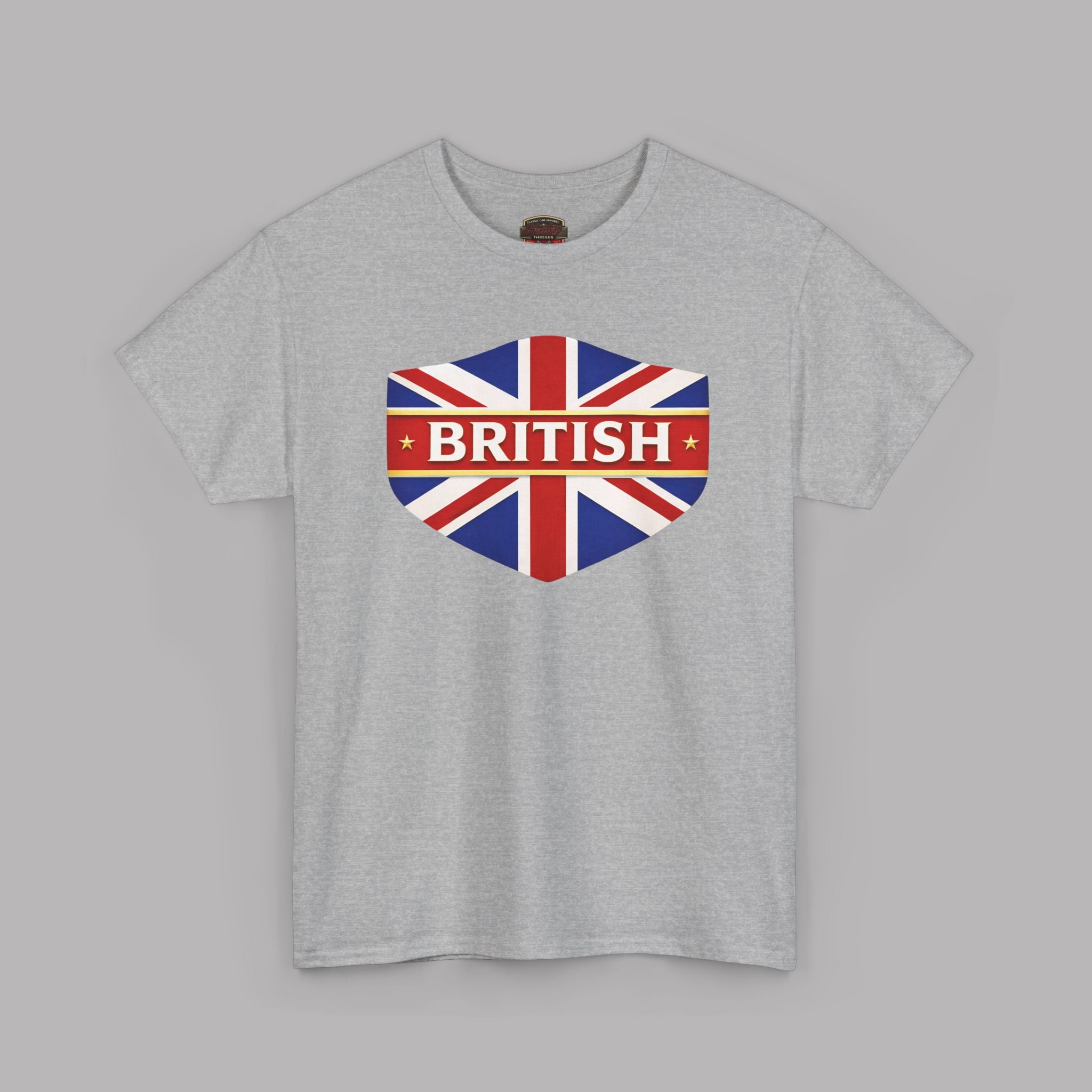 Sport gray t-shirt with a heart-shaped British flag design on a gray background