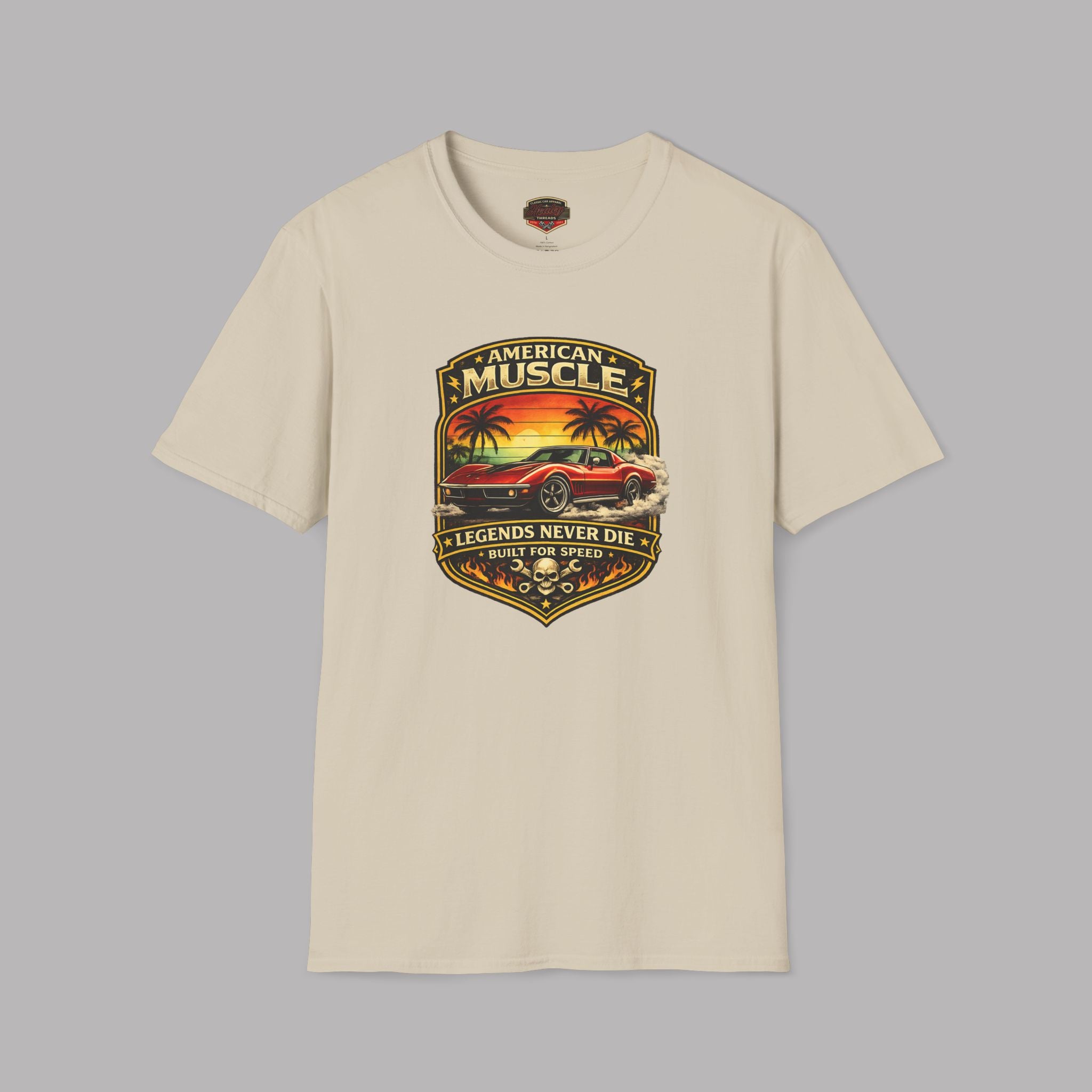 Natural t-shirt with 'American Muscle' graphic design on a gray background