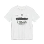 White t-shirt with vintage car design on a white background