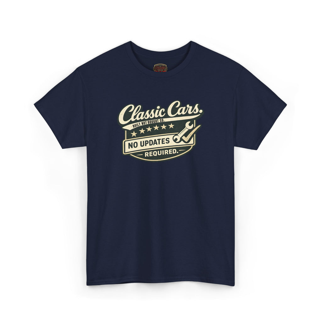 Navy blue t-shirt with 'Classic Cars No Updates Required' text on a white background
