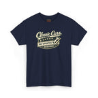 Navy blue t-shirt with 'Classic Cars No Updates Required' text on a white background