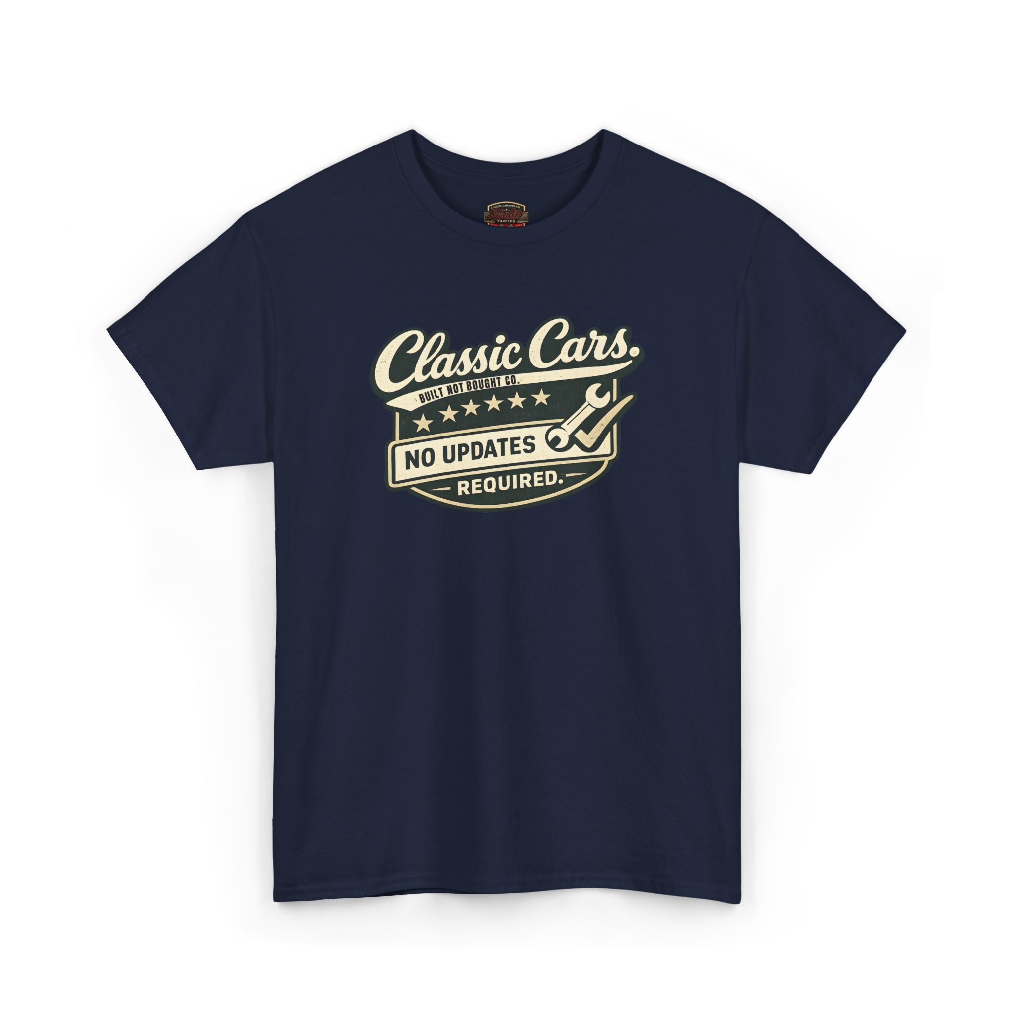 Navy blue t-shirt with 'Classic Cars No Updates Required' text on a white background