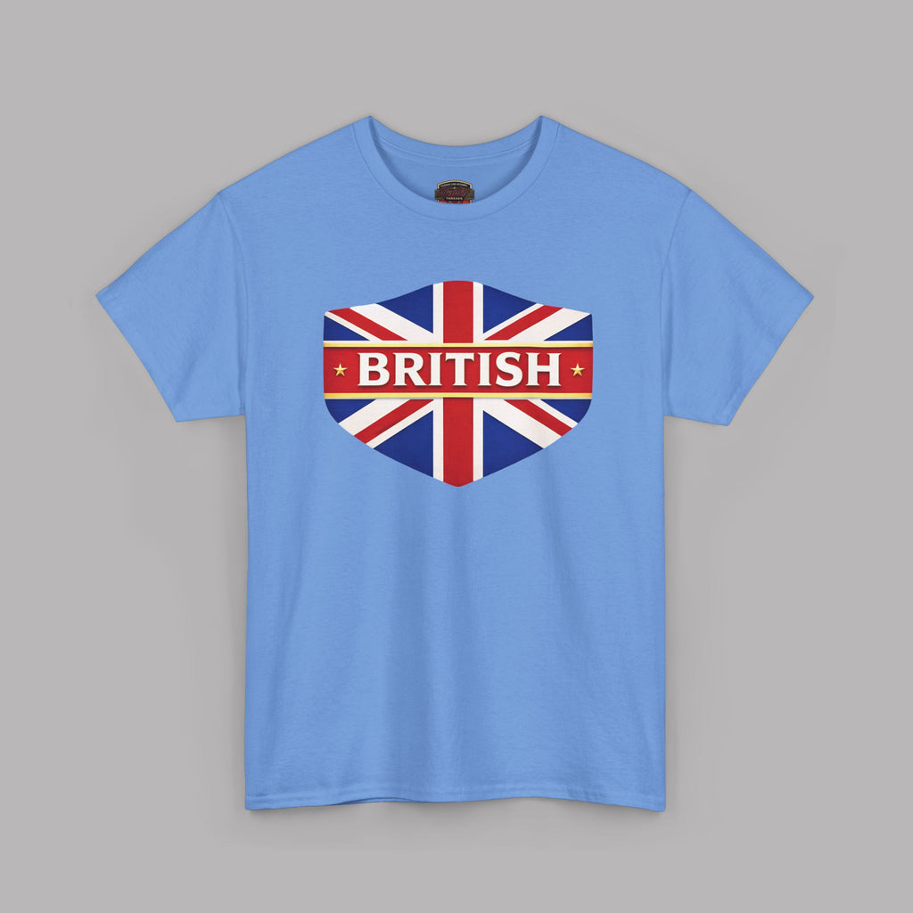 Carolina blue t-shirt with a Union Jack design and 'BRITISH' text on a gray background