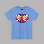 Carolina blue t-shirt with a Union Jack design and 'BRITISH' text on a gray background