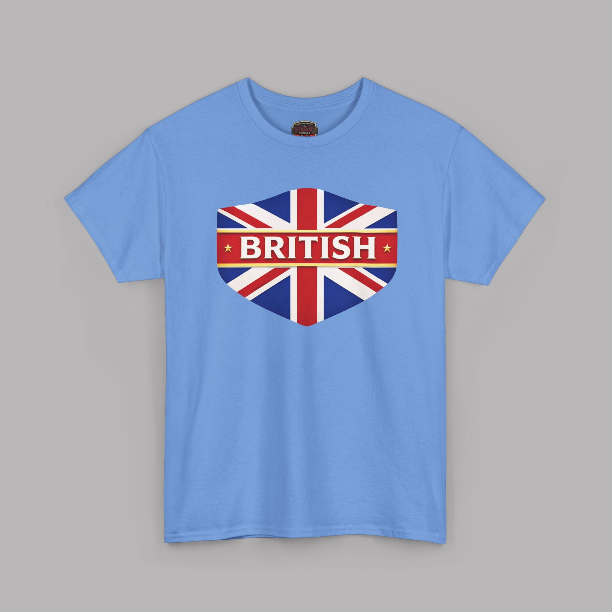 Carolina blue t-shirt with a Union Jack design and 'BRITISH' text on a gray background