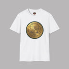 White t-shirt with a gold classic car emblem on a gray background