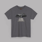 Gray t-shirt with a graphic of a black car and 'Low Low Legendary' text on a gray background
