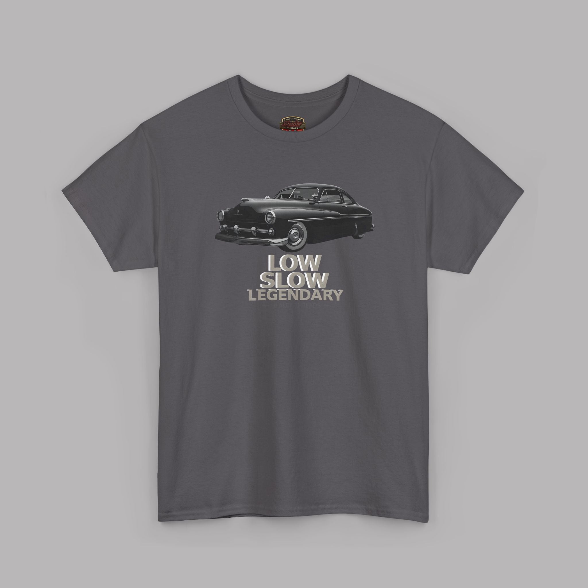 Gray t-shirt with a graphic of a black car and 'Low Low Legendary' text on a gray background