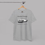 Sport gray t-shirt with a classic car graphic and text on a hanger against a gray background