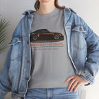 Woman wearing a gray t-shirt with a classic car graphic and text, paired with a denim jacket.
