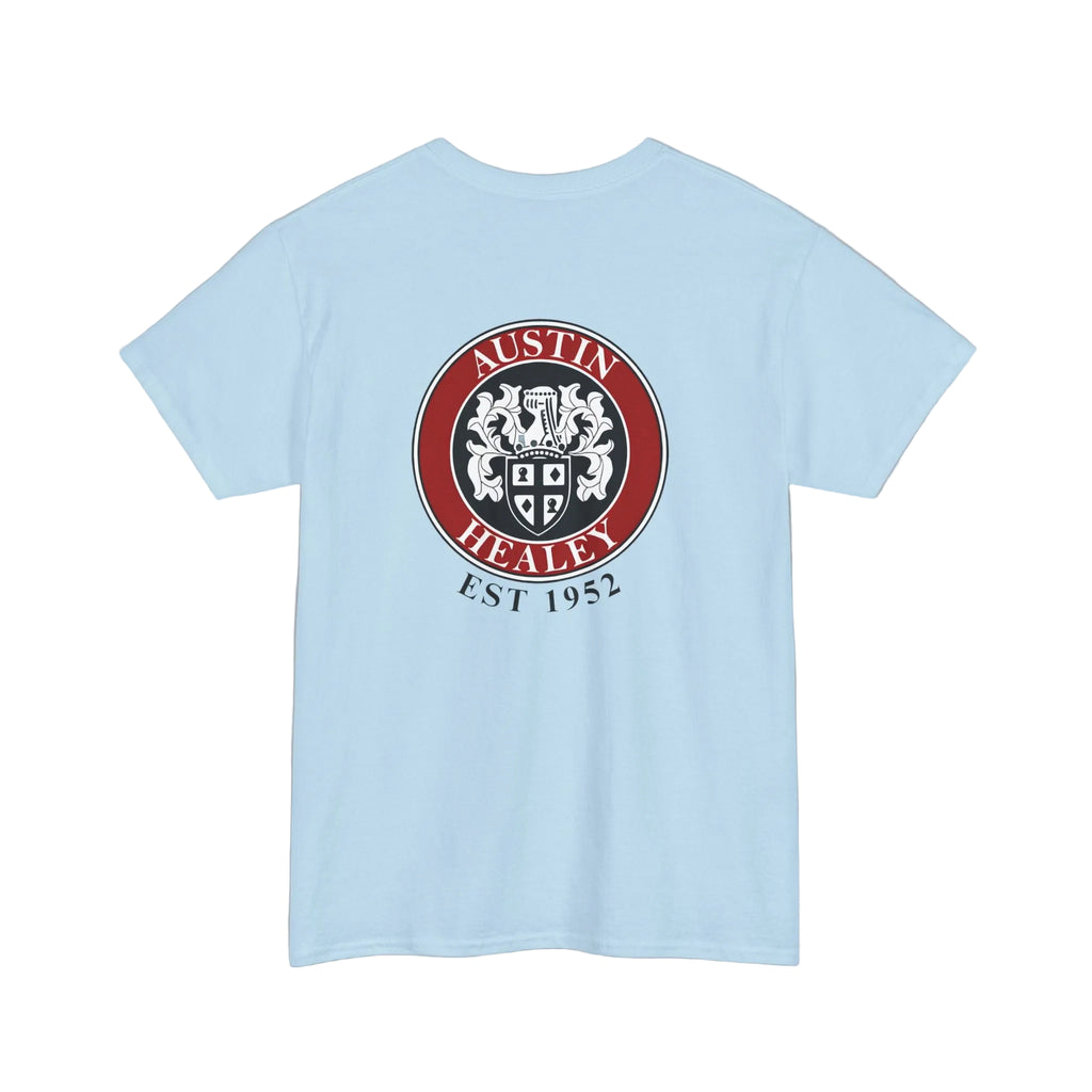 Light blue t-shirt with Austin Healey logo on a white background