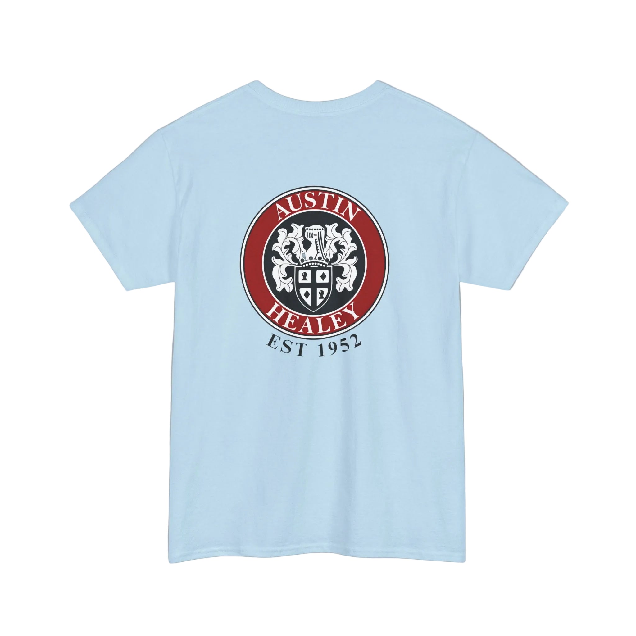 Light blue t-shirt with Austin Healey logo on a white background