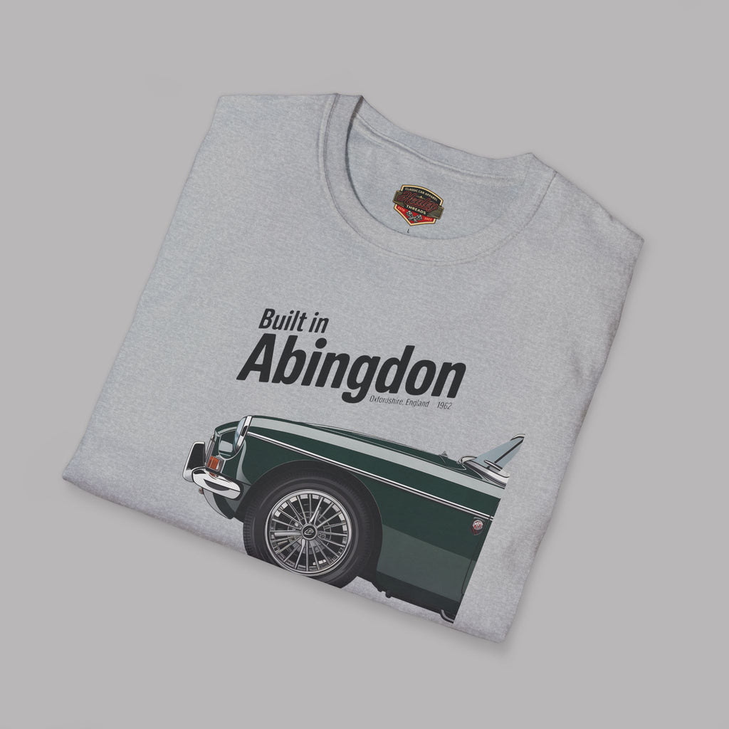 Folded gray t-shirt with a graphic of a  classic car and text 'Built in Abingdon' on a gray background