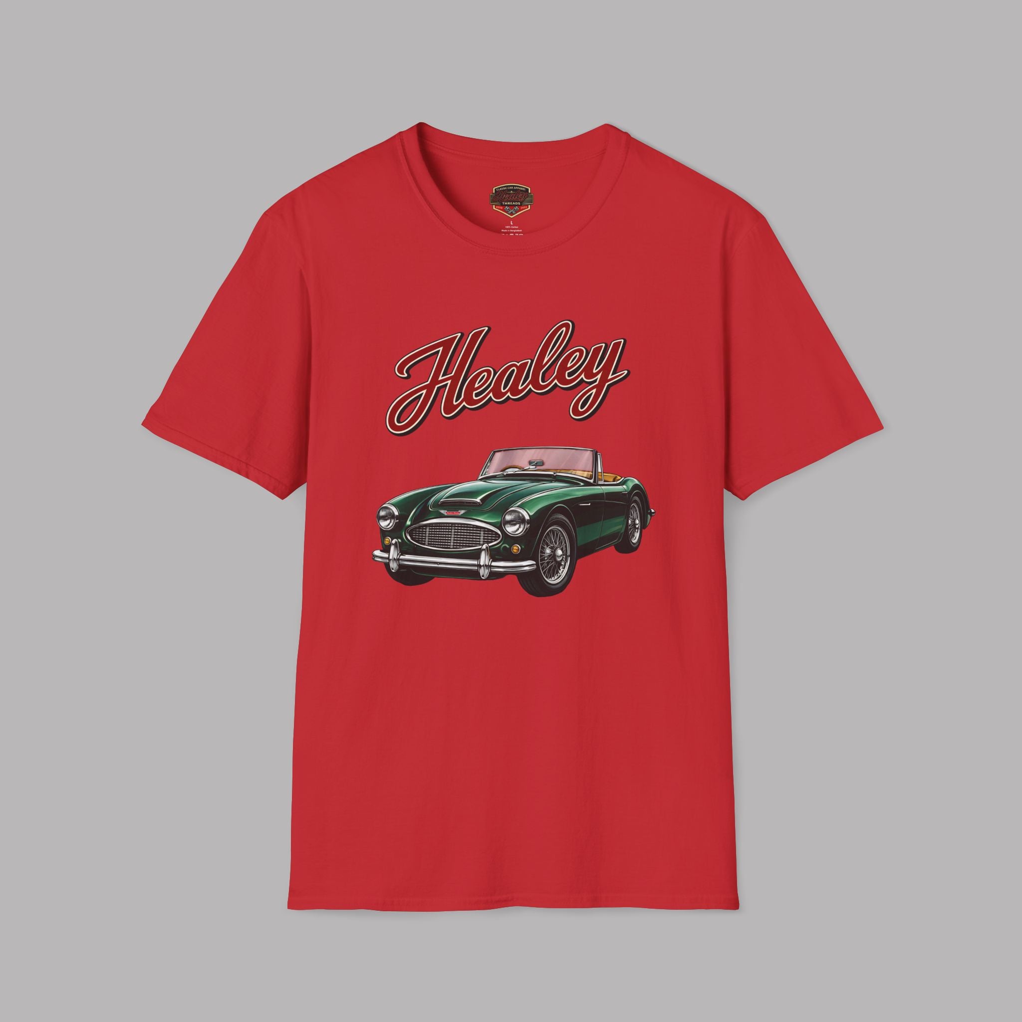 Red t-shirt with a green classic car graphic and 'Healey' text on a gray background