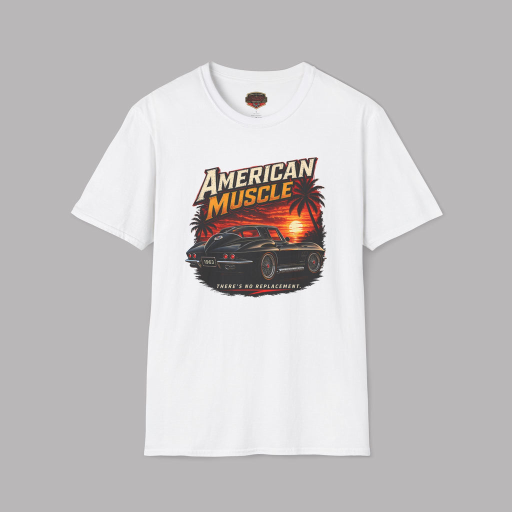 White t-shirt with 'American Muscle' car graphic design on a gray background