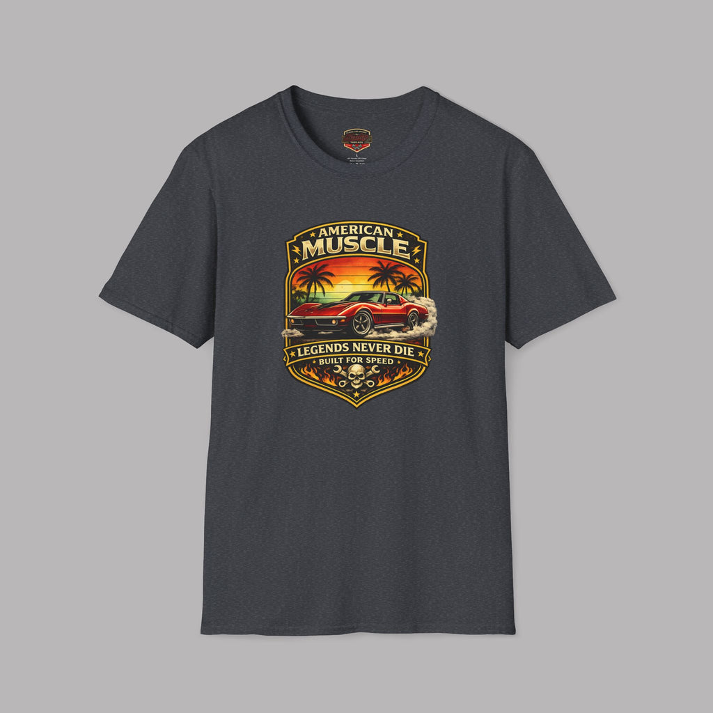American Muscle T-Shirt - "Legends Never Die" Vintage Car Sunset Design