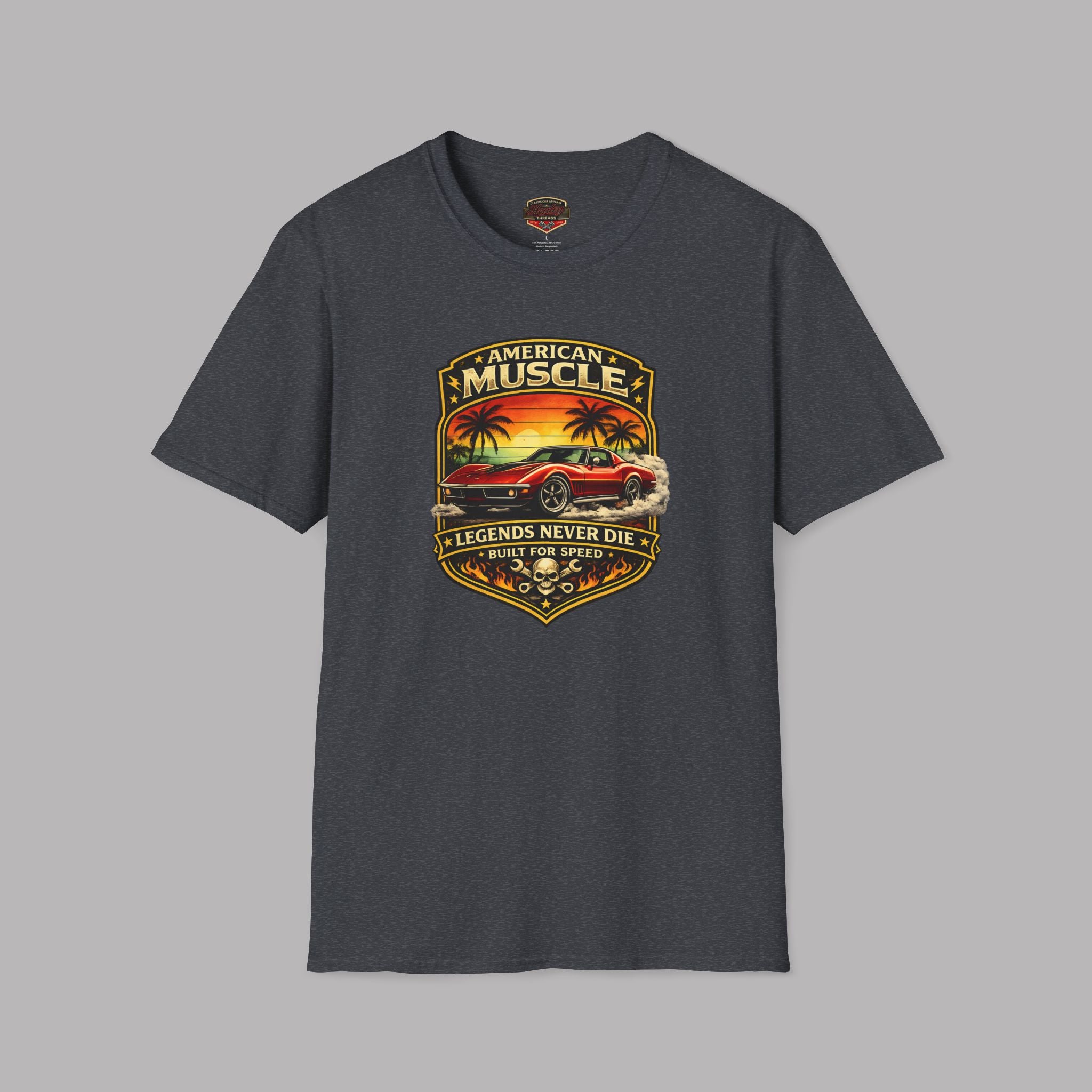 American Muscle T-Shirt - "Legends Never Die" Vintage Car Sunset Design