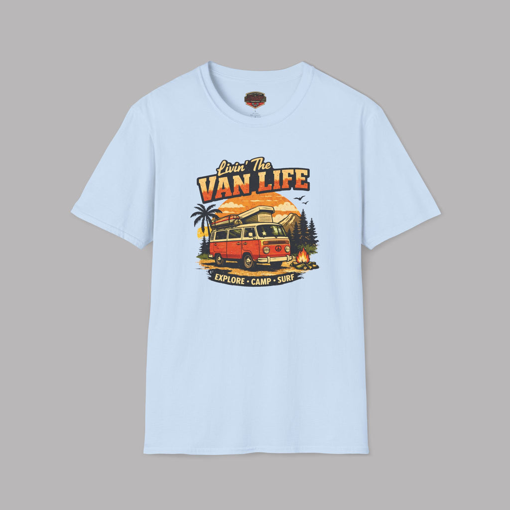 Light blue t-shirt with 'Van Life' graphic design featuring a van and nature elements on a gray background.