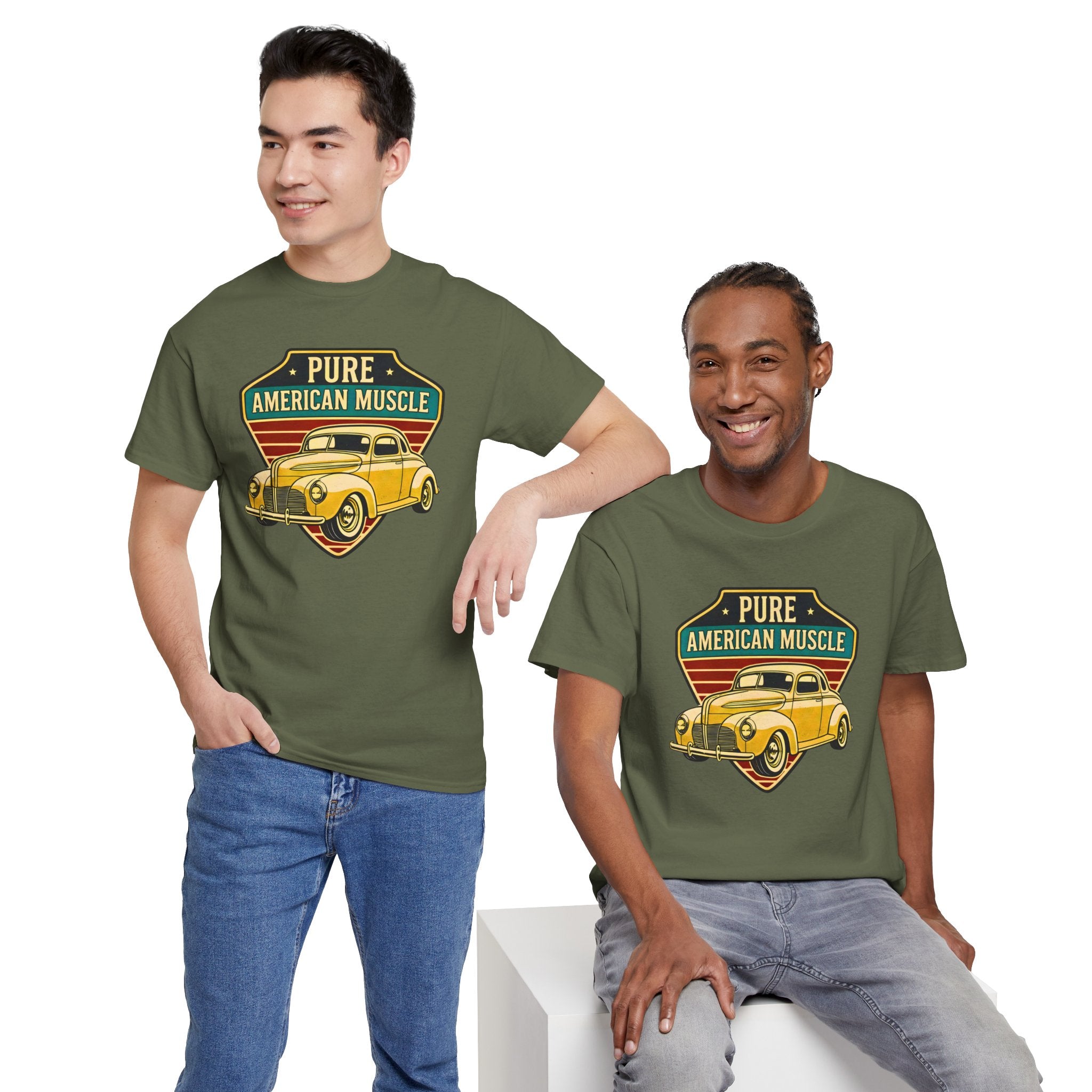 Two men wearing military green t-shirts with a vintage car graphic and 'Pure American Muscle' text.