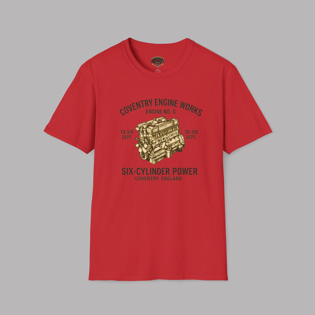 Red t-shirt with coventry engine graphic and text on a gray background