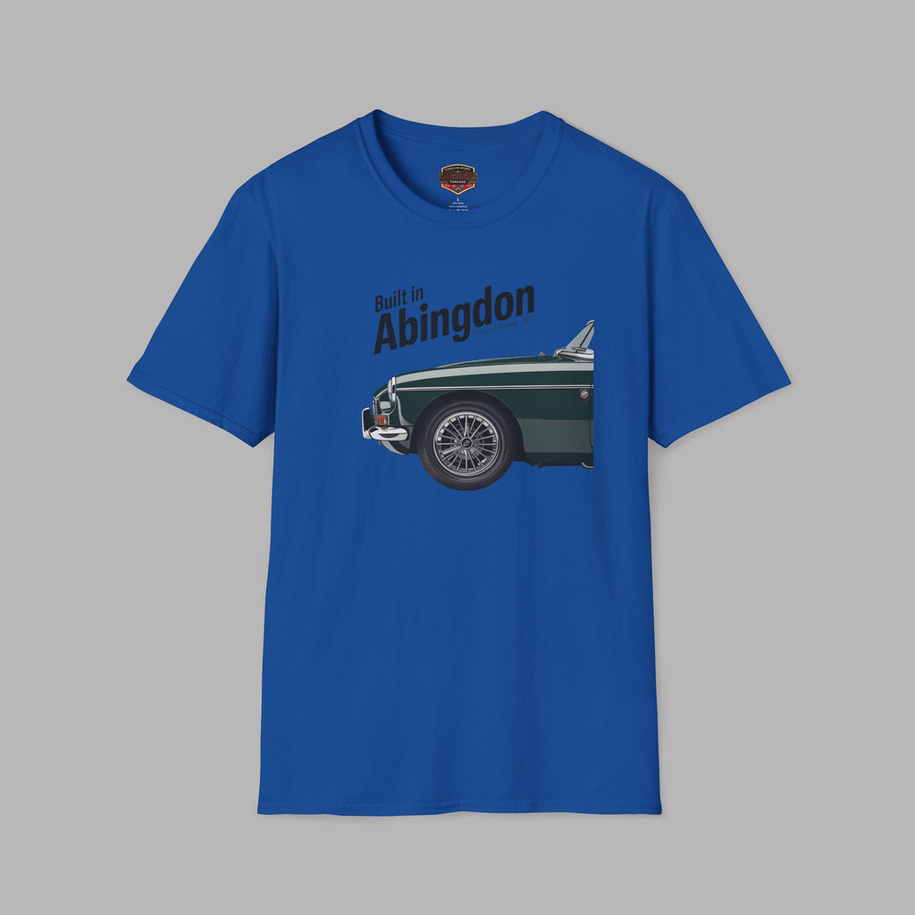 Royal blue t-shirt with a graphic of a classic car and text 'Built in Abingdon' on a gray background