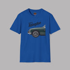 Royal blue t-shirt with a graphic of a classic car and text 'Built in Abingdon' on a gray background