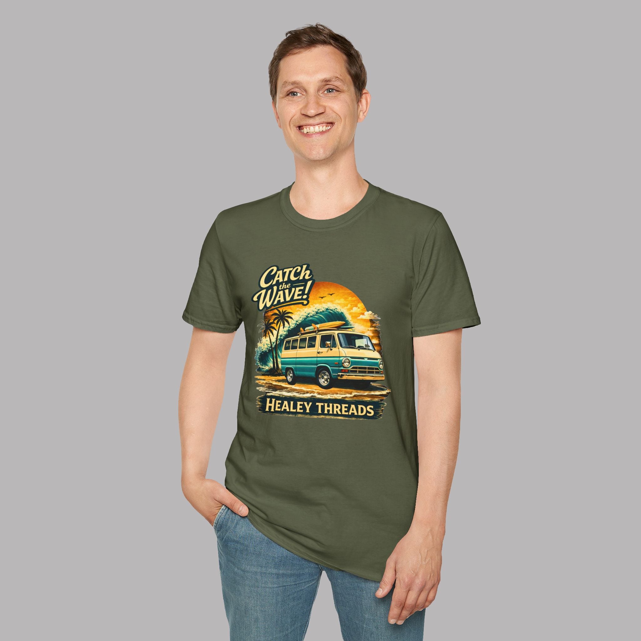 Man wearing a military green t-shirt with a graphic design and text on a gray background