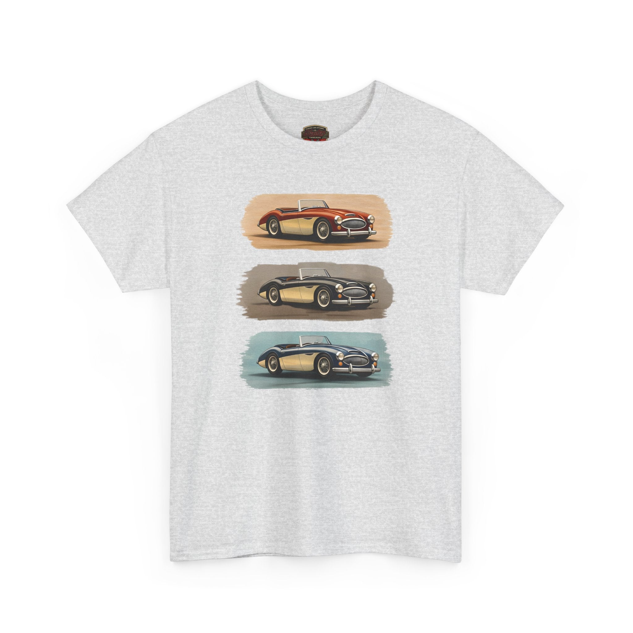 Ash t-shirt with vintage Healey car graphics on a white background